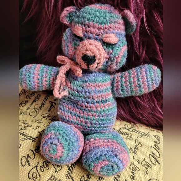 Vintage Hand crochet teddy bear pink and blue 14 ×8 - Picture 4 of 8